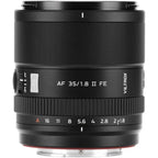 Viltrox AF 35mm f/1.8 II EVO FE lens for Sony E-mount, upright black lens with aperture ring on white