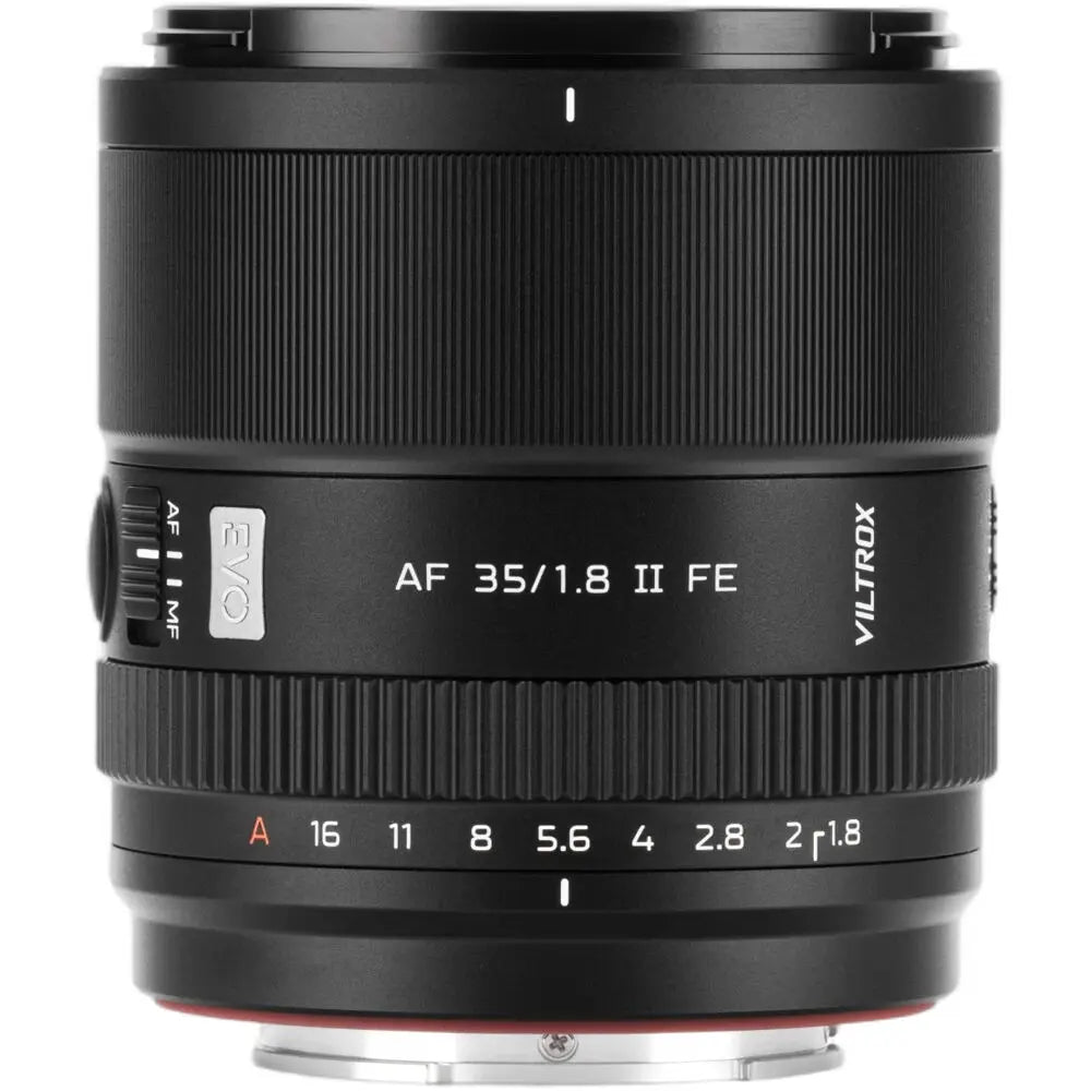 Viltrox AF 35mm f/1.8 II EVO FE lens for Sony E-mount, upright black lens with aperture ring on white
