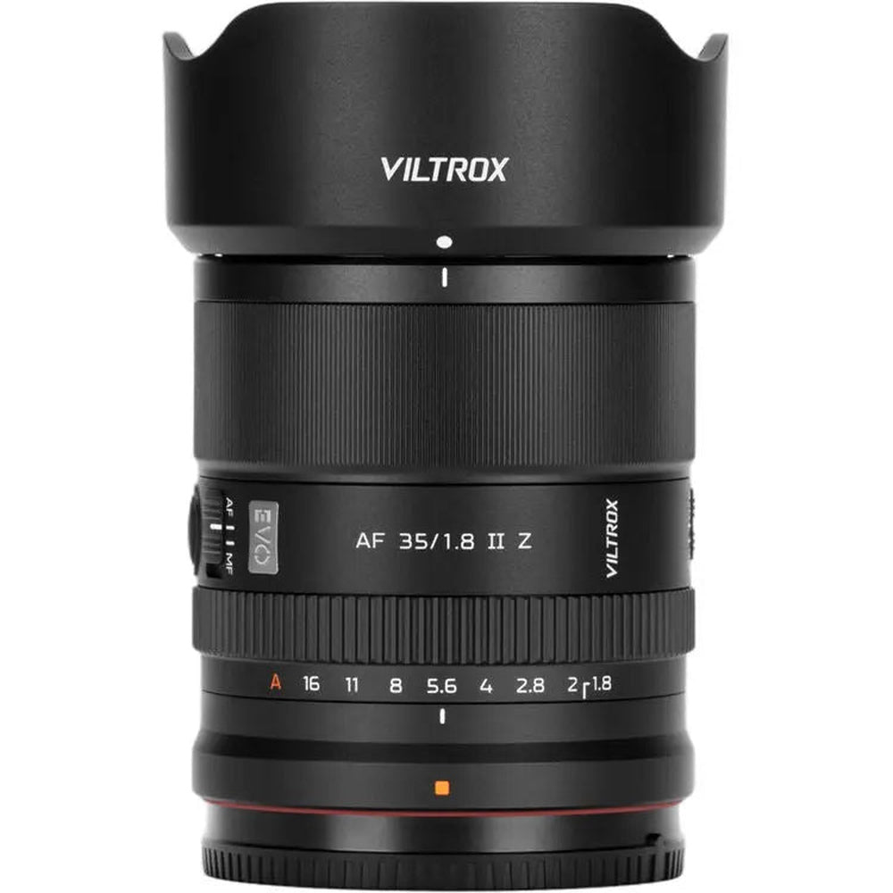 Viltrox AF 35mm f/1.8 II EVO Nikon Z lens with hood, side view showing EVO badge and focus/aperture control rings