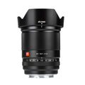Viltrox AF 13mm f/1.4 Sony E-mount APS-C ultra-wide-angle lens, upright with petal hood and red logo on white background.
