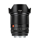 Viltrox AF 13mm f/1.4 Sony E-mount APS-C ultra-wide-angle lens, upright with petal hood and red logo on white background.