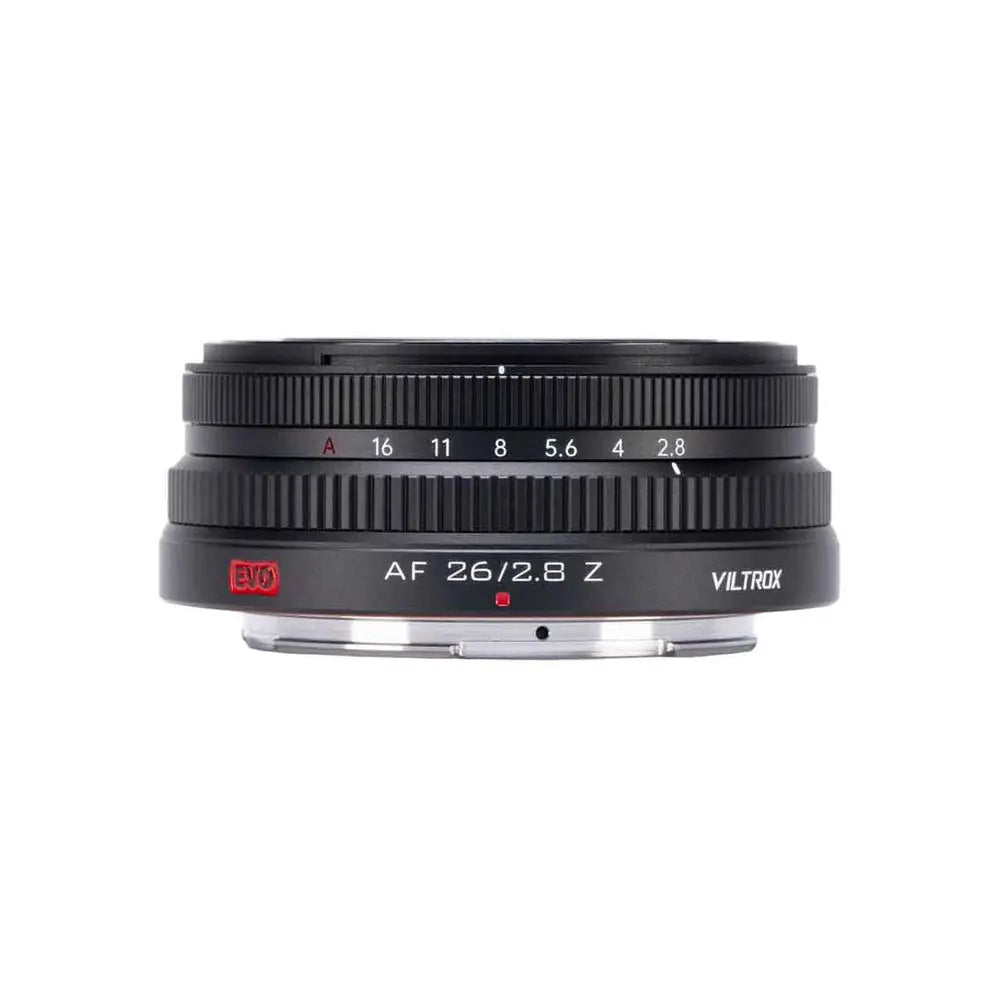 Viltrox AF 26mm f/2.8 EVO Z Nikon Z-mount compact pancake lens, front profile on plain white background