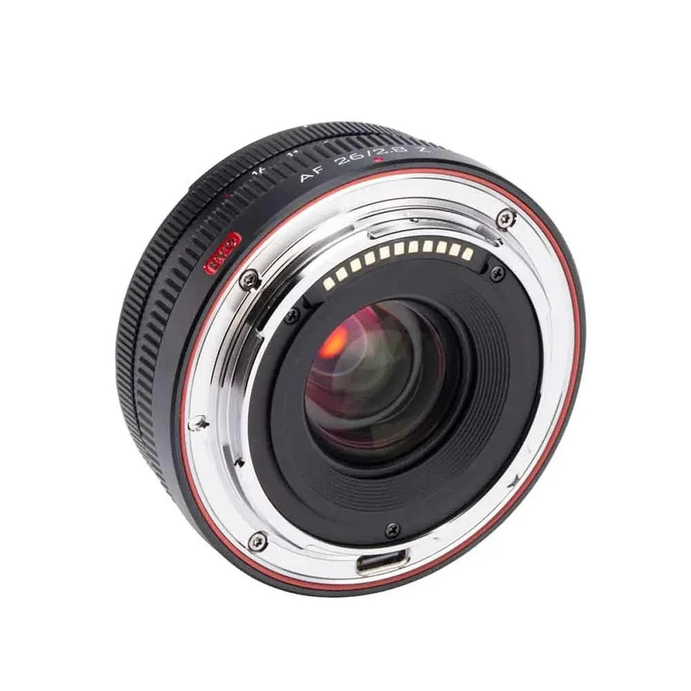 Viltrox AF 26mm f/2.8 EVO pancake lens Nikon Z-mount rear bayonet and USB-C port detail