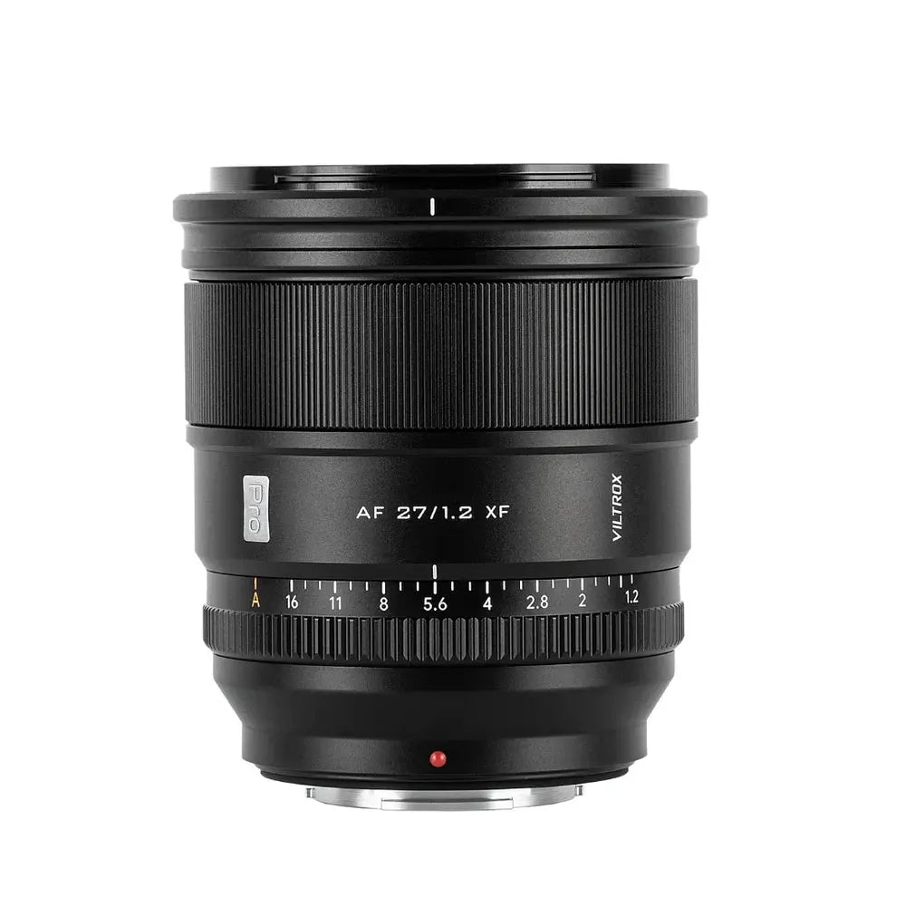 Viltrox AF 27mm f/1.2 Pro XF lens for Fujifilm X-mount, front view of lens barrel on white background