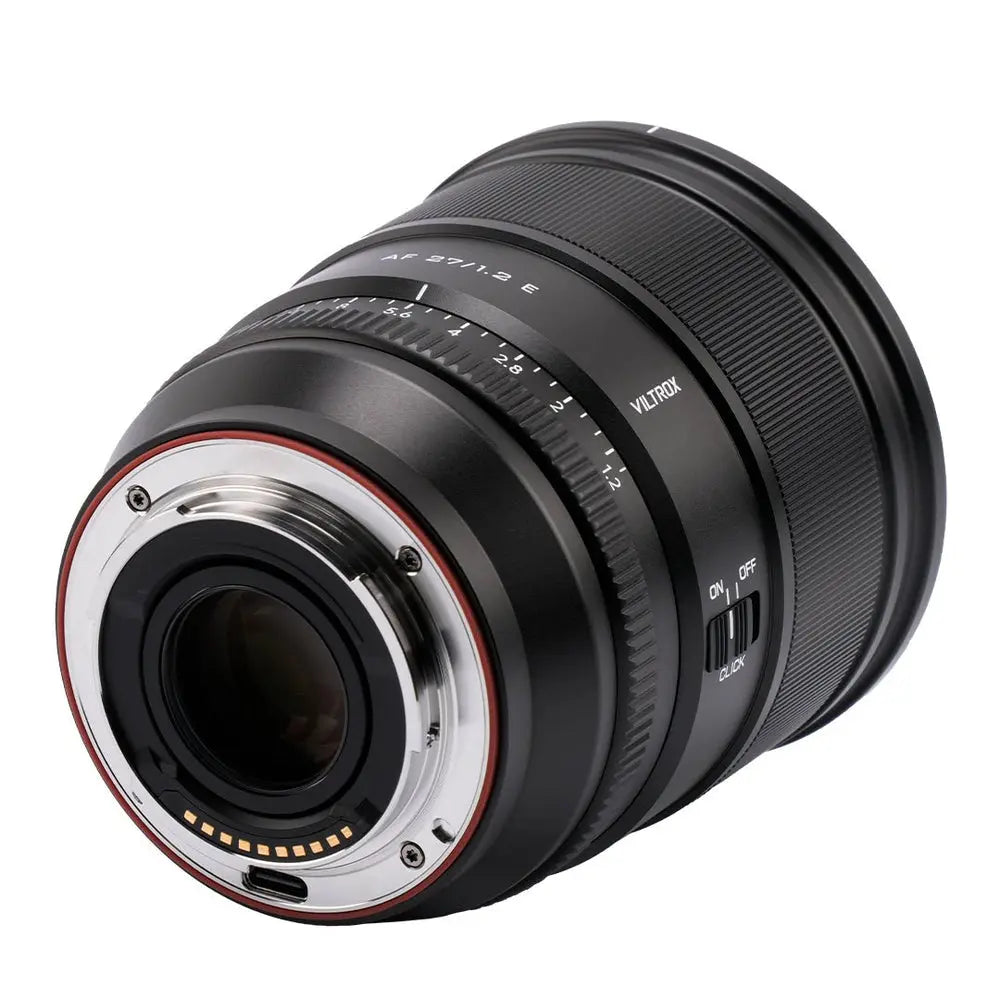 Viltrox AF 27mm f/1.2 Pro Sony E-mount lens showing the rear metal bayonet and autofocus contacts against white