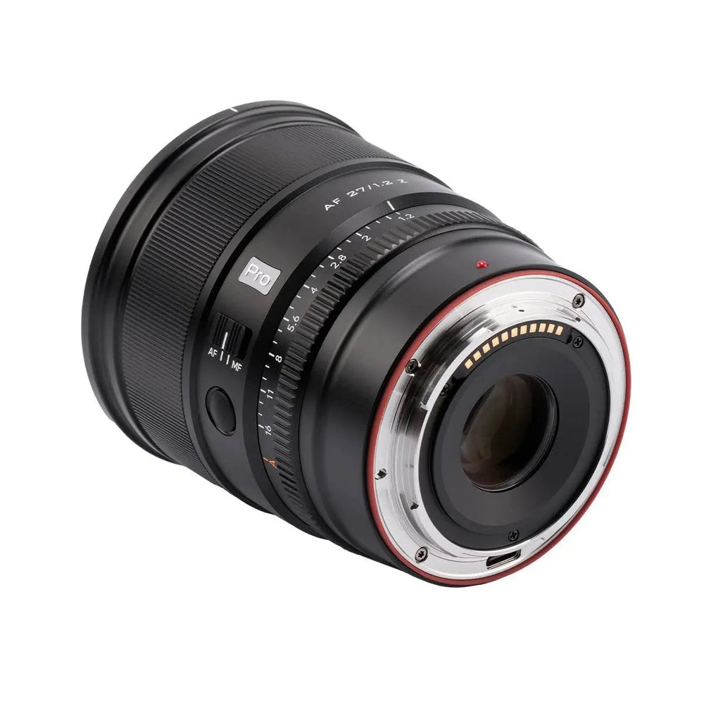 Viltrox AF 27mm f/1.2 Pro Sony E-mount lens rear three-quarter angle showing metal bayonet, AF/MF switch and aperture ring