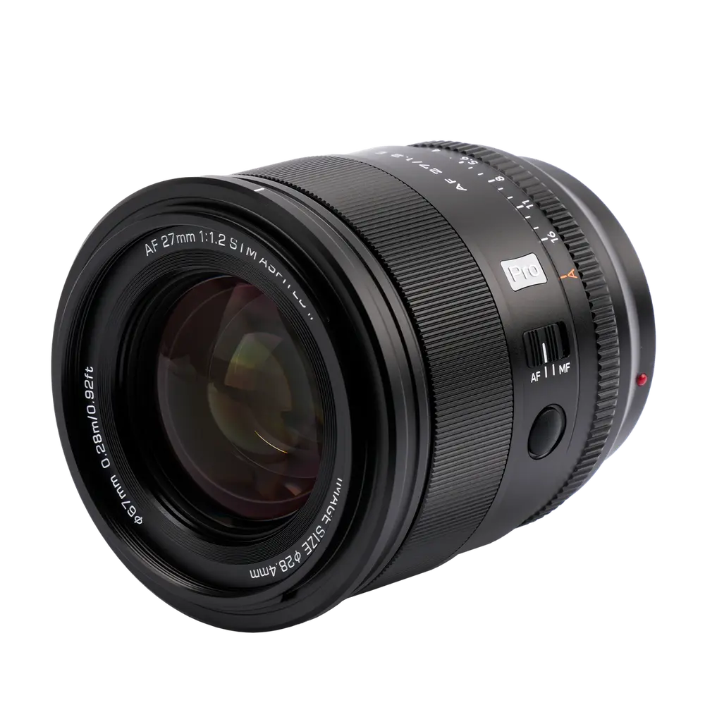 Viltrox AF 27mm f/1.2 Pro lens for Sony E-mount, front and side three-quarter view on a clean white background