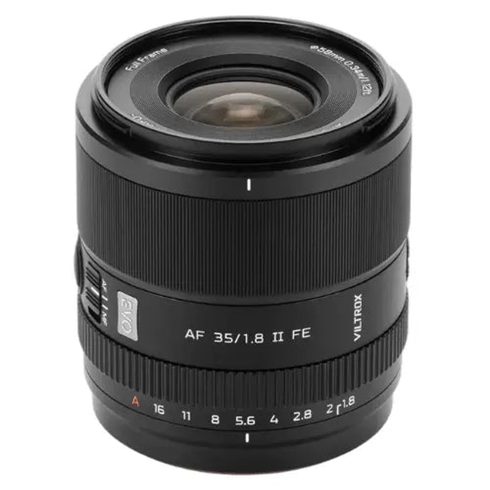 Viltrox AF 35mm f/1.8 II EVO Sony E-mount lens front optical element and focus/aperture ring markings against white