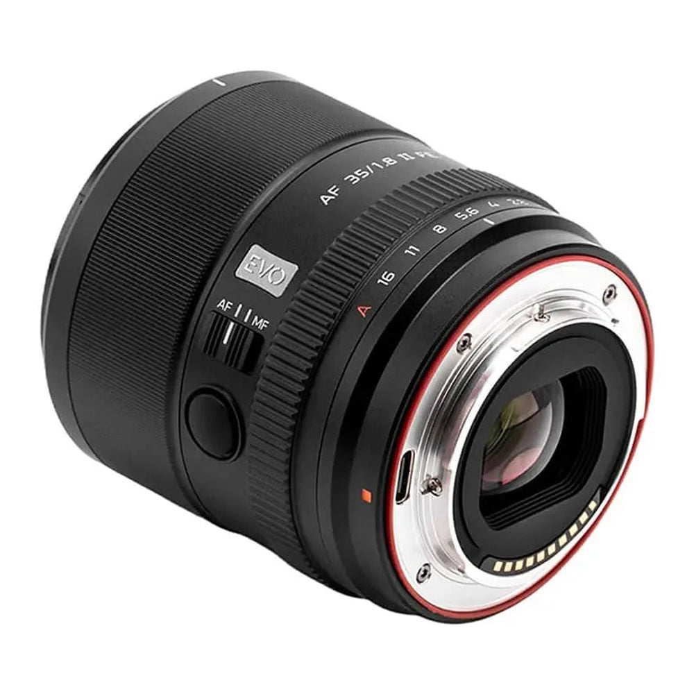 Viltrox AF 35mm f/1.8 II EVO Sony FE lens rear three-quarter showing E-mount bayonet, USB-C port and aperture ring