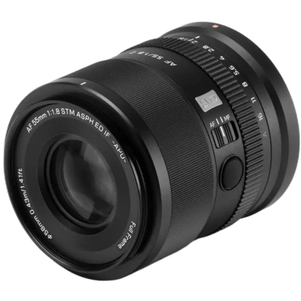 Viltrox AF 55mm f/1.8 EVO Nikon Z-mount autofocus prime lens, black barrel and aperture ring in angled front view on white.