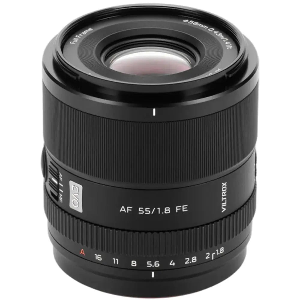 Viltrox AF 55mm f/1.8 EVO FE lens for Sony E-mount, upright black lens showing APO EVO marking and aperture ring on white.