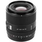 Viltrox AF 55mm f/1.8 EVO FE lens for Sony E-mount, upright black lens showing APO EVO marking and aperture ring on white.