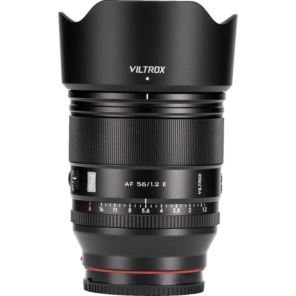 Viltrox AF 56mm f/1.2 Pro Sony E-mount autofocus portrait lens with lens hood, product front view against white