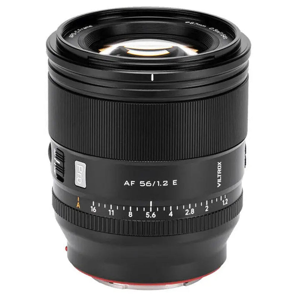 Viltrox AF 56mm f/1.2 Pro Sony E APS-C lens barrel detail showing engraved 56/1.2 E marking, aperture scale and controls
