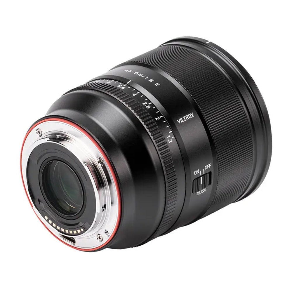 Viltrox AF 56mm f/1.2 Pro Sony E-mount lens rear three-quarter view showing red mount gasket and focus-control switches