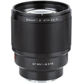 Viltrox AF 85mm f/1.8 Mark II FE autofocus portrait lens for Sony E-mount, upright lens photographed against white.