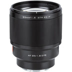 Viltrox AF 85mm f/1.8 Mark II FE autofocus portrait lens for Sony E-mount, upright lens photographed against white.
