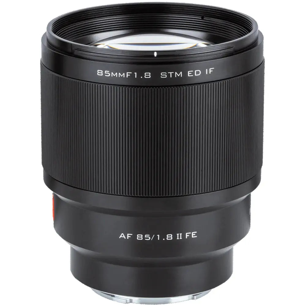 Viltrox AF 85mm f/1.8 Mark II FE autofocus portrait lens for Sony E-mount, upright lens photographed against white.