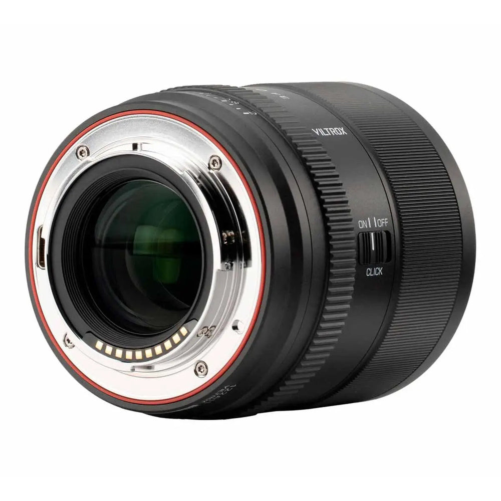 Viltrox AF 85mm f/2 EVO FE Sony E-mount lens, rear three-quarter product photo showing metal bayonet and aperture click switch