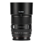 Viltrox AF 85mm f/2 EVO Sony FE portrait lens full side profile with installed lens hood and aperture scale