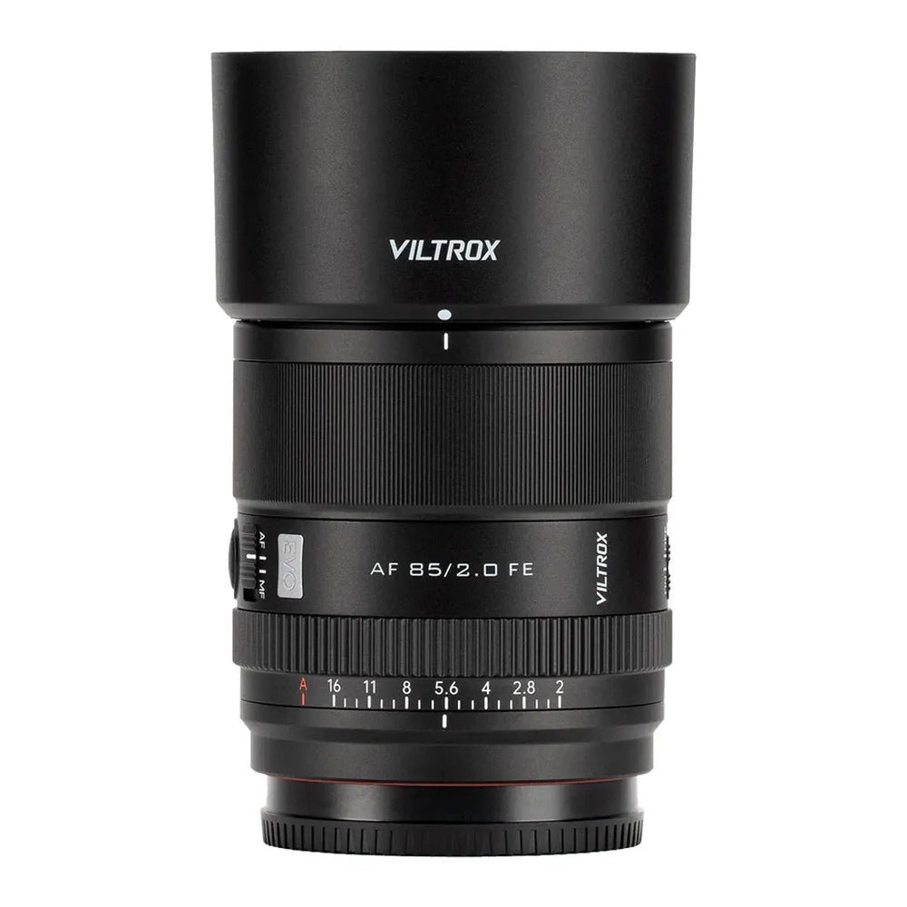 Viltrox AF 85mm f/2 EVO Sony FE portrait lens full side profile with installed lens hood and aperture scale