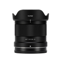 Viltrox AF 9mm f/2.8 Air ultra-wide APS-C prime lens for Nikon Z-mount, front view with hood attached on a pure white background.