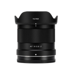 Viltrox AF 9mm f/2.8 Air ultra-wide APS-C prime lens for Nikon Z-mount, front view with hood attached on a pure white background.