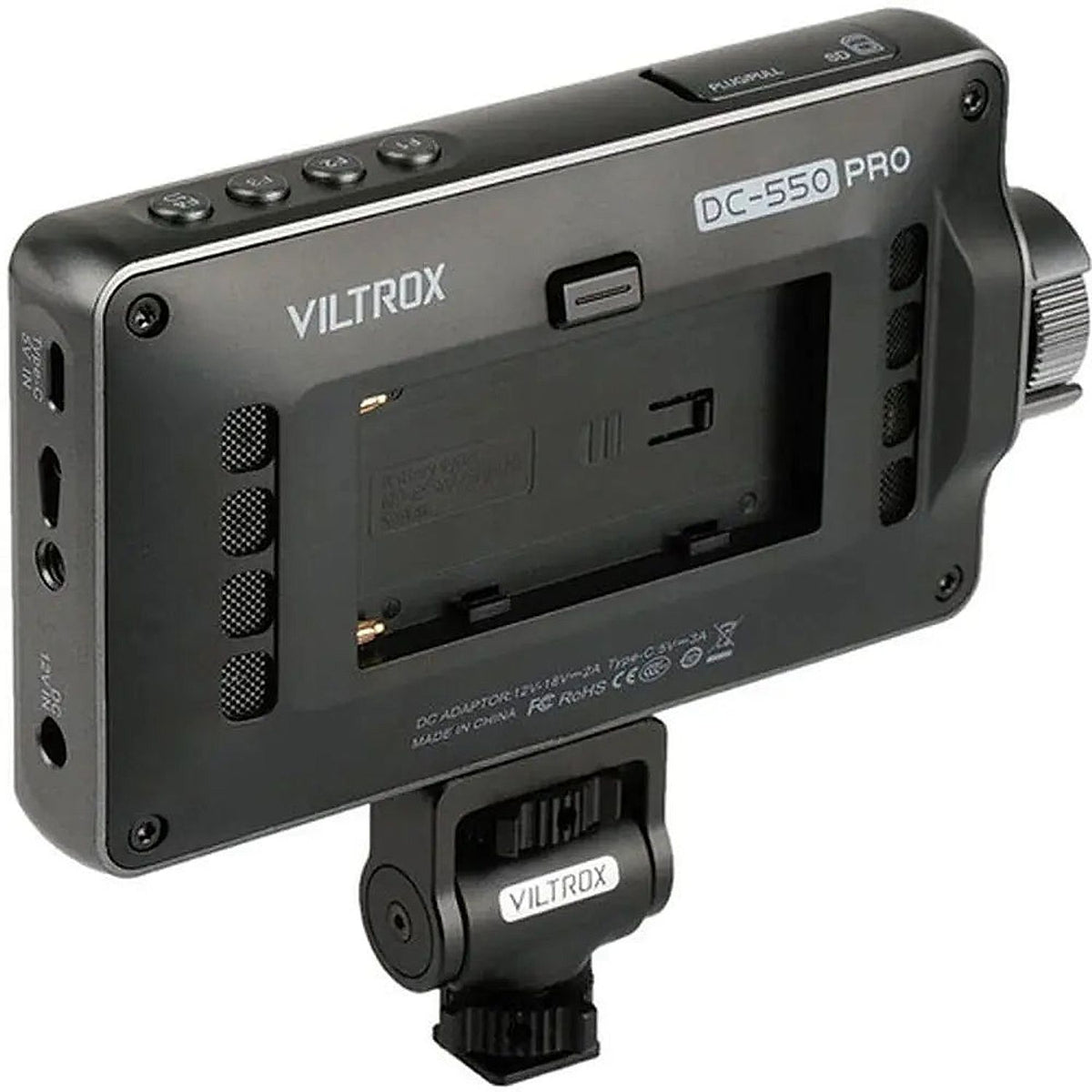 Viltrox DC-550 Pro 5.5 4K Touchscreen Camera Monitor — rear view showing the battery mount and monitor mounting bracket