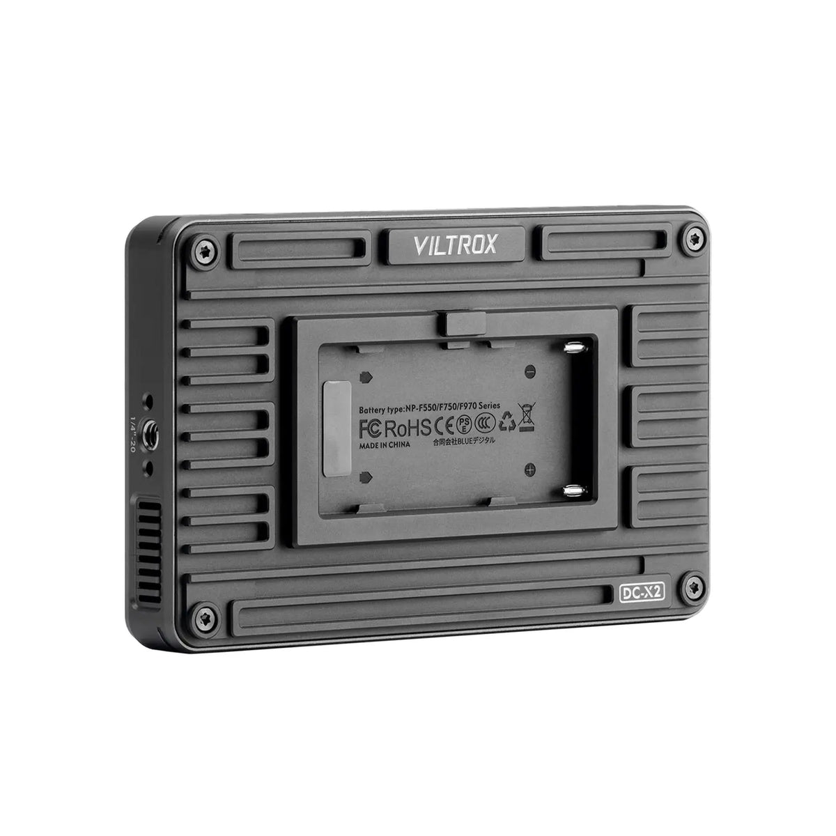 Viltrox DC-X2 camera field monitor, rear view showing the NP-F battery plate, ventilation slots and mounting thread