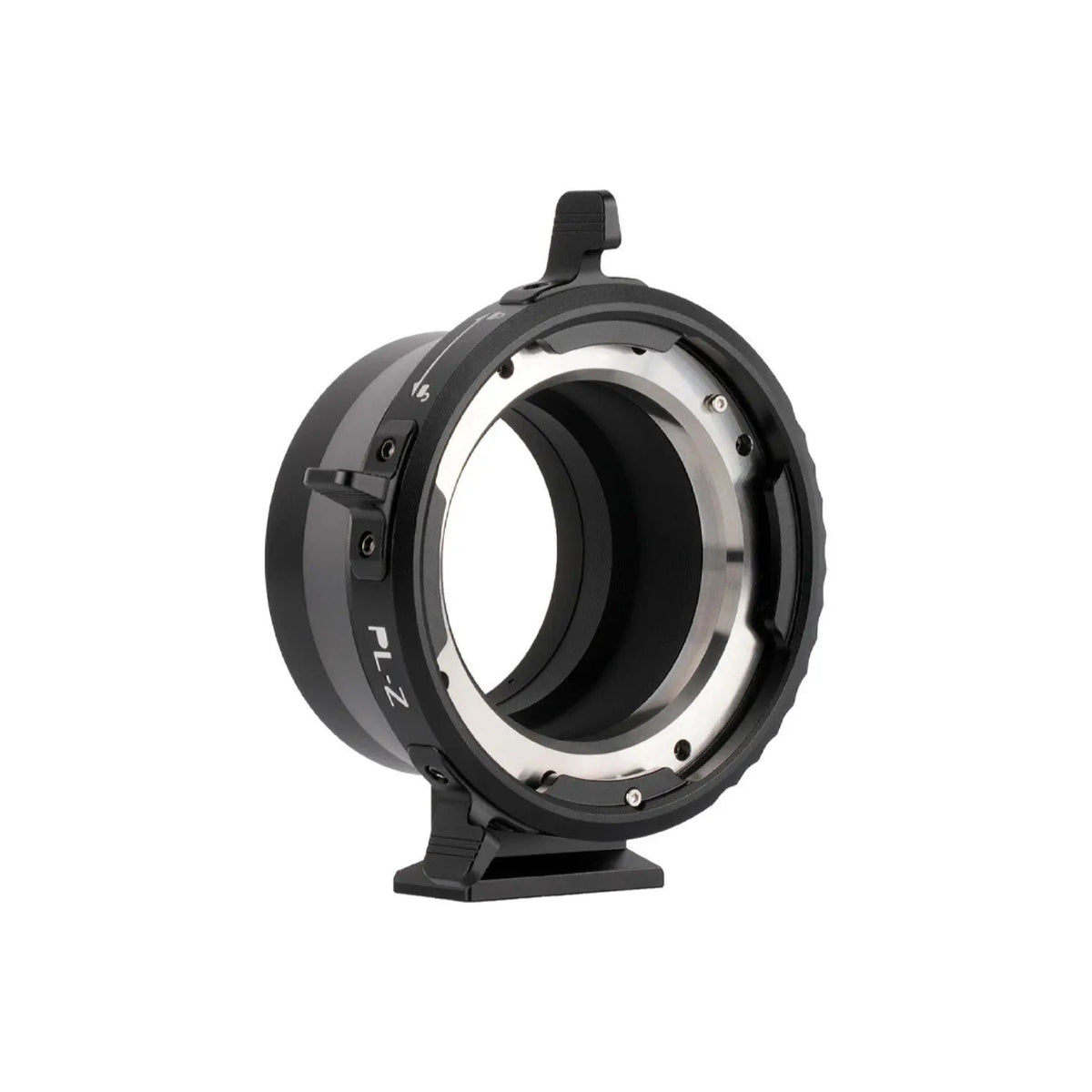 Viltrox PL-Z lens mount adapter front PL cinema lens mounting face, featuring rotary locking levers and mounting foot