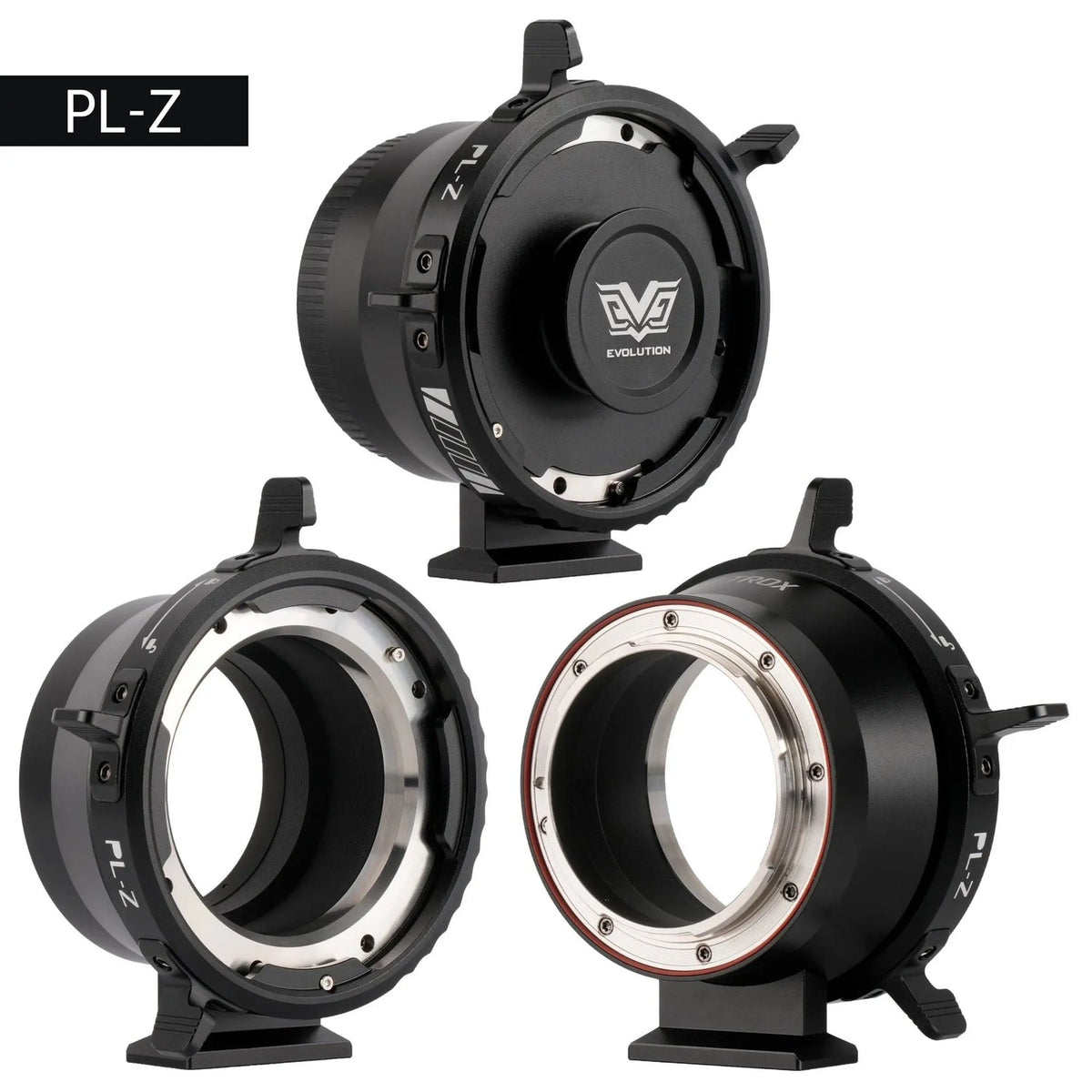 Official Viltrox PL-Z Nikon Z to PL cinema lens mount adapter shown from front, rear and protective cap angles