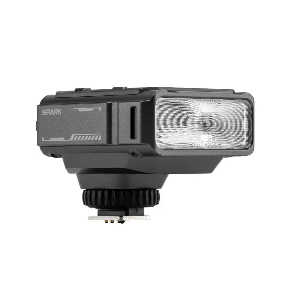 Viltrox Spark Z3-C Canon-mount pocket camera flash in gunmetal gray, flash head and shoe viewed against white.