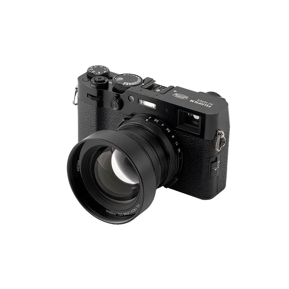 Black Viltrox TCL-X100VI tele-conversion lens mounted on a black Fujifilm X100-series camera, showing the extended lens profile.