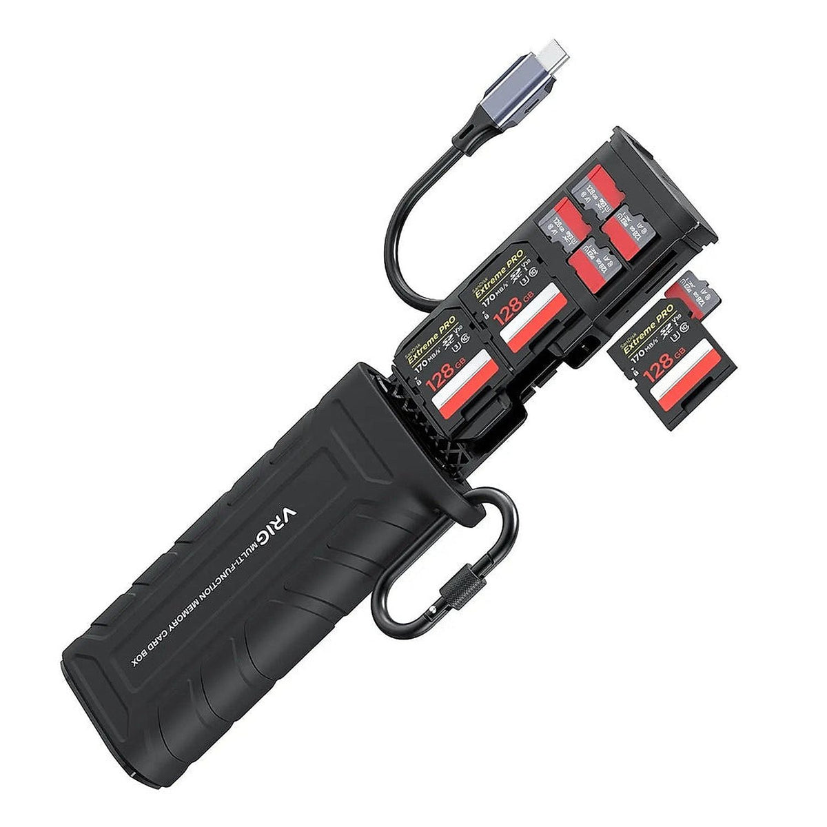 VRIG CR01 USB 3.1 Type-C SD and TF card reader storage case, open view showing slots; memory cards shown for illustration