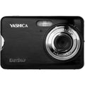 Yashica EasySnap YAS-ESNP10-BK compact digital camera in black, front face with silver-ring lens and built-in flash on white background.
