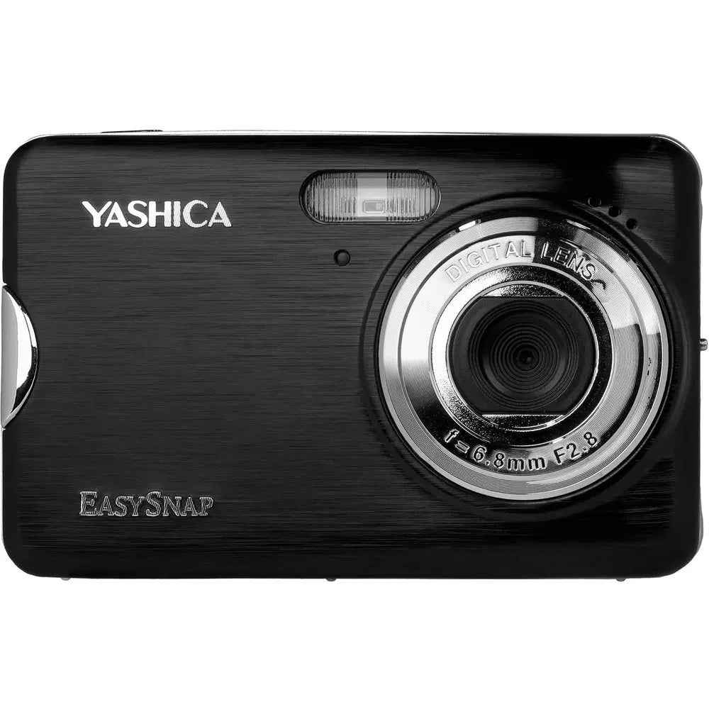 Yashica EasySnap YAS-ESNP10-BK compact digital camera in black, front face with silver-ring lens and built-in flash on white background.