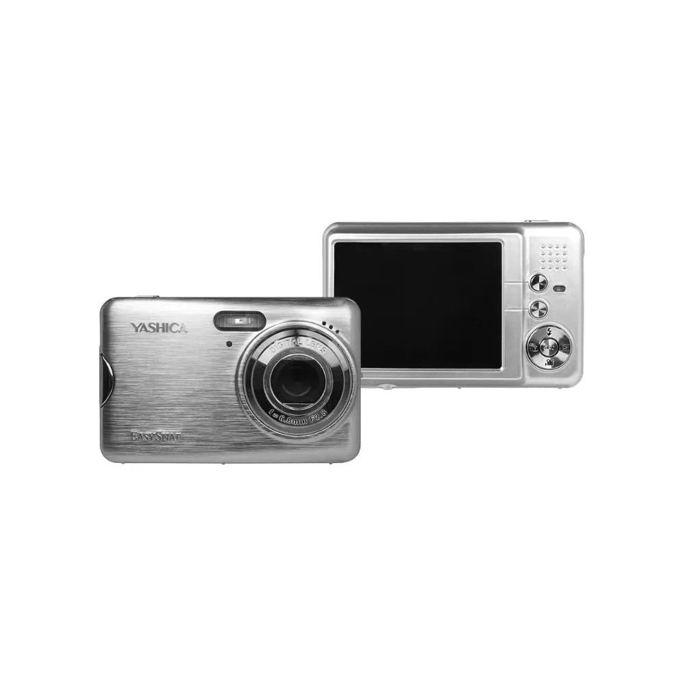 Yashica EasySnap YAS-ESNP10-SV digital camera in silver, front and rear product views side by side against white background.
