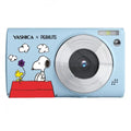 Yashica x Peanuts Snoopy DP-100 digital camera, Sky Blue edition, front view showing Snoopy and Woodstock design