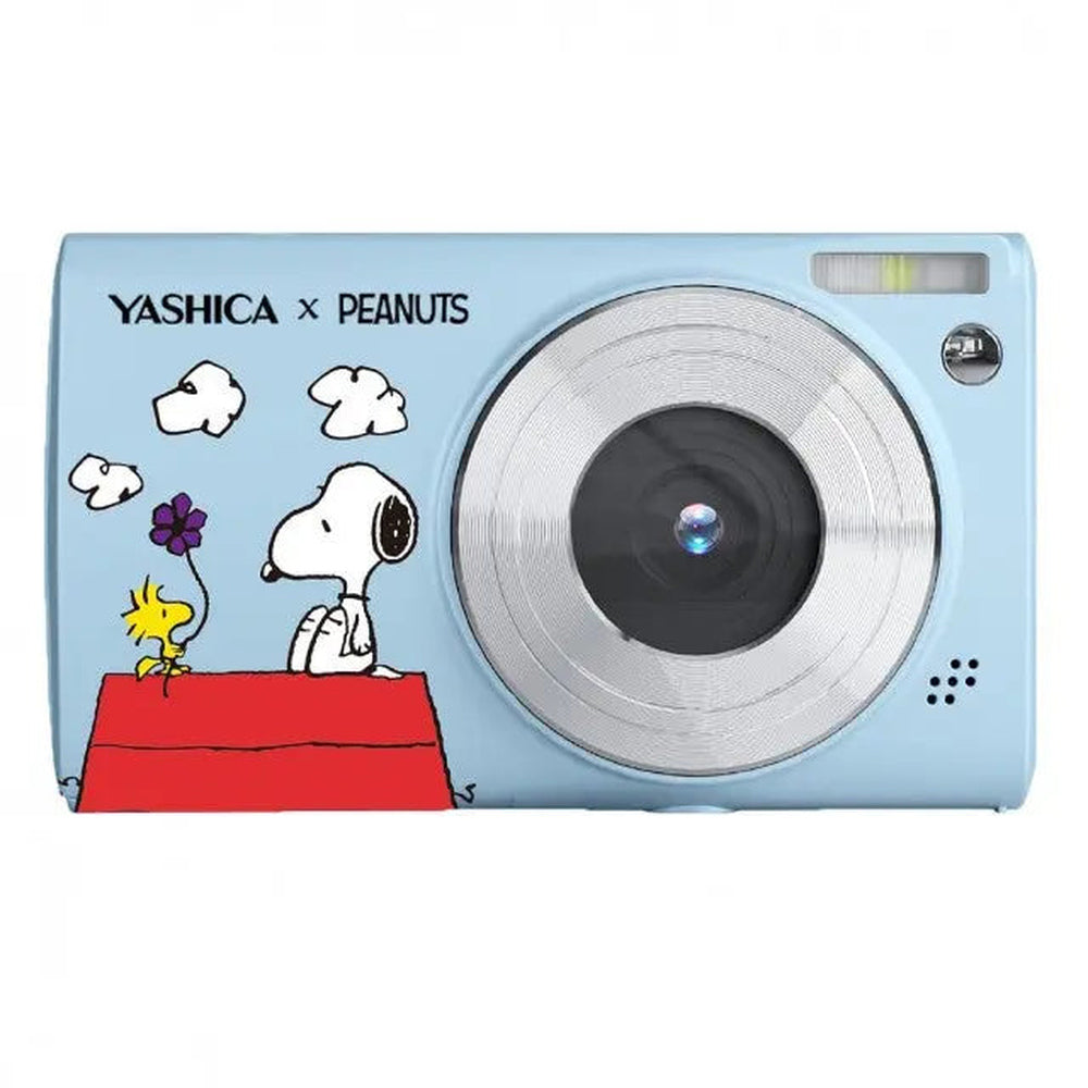 Yashica x Peanuts Snoopy DP-100 digital camera, Sky Blue edition, front view showing Snoopy and Woodstock design
