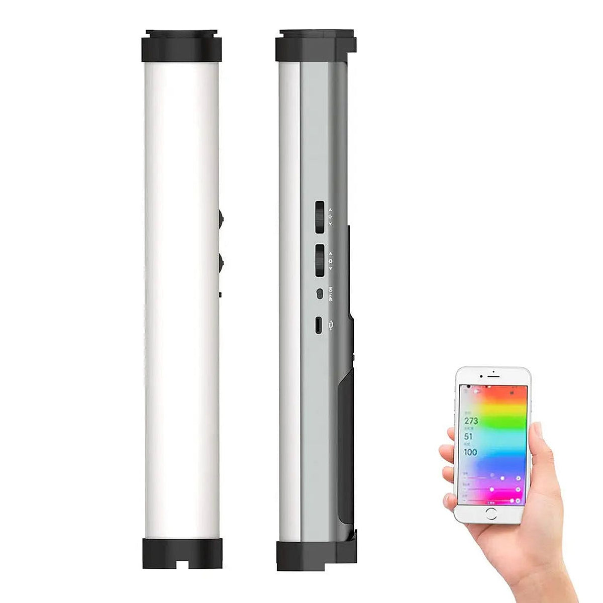 YC Onion RGB Handheld LED Video Light Wand with App Control — LED light wand shown with smartphone app control
