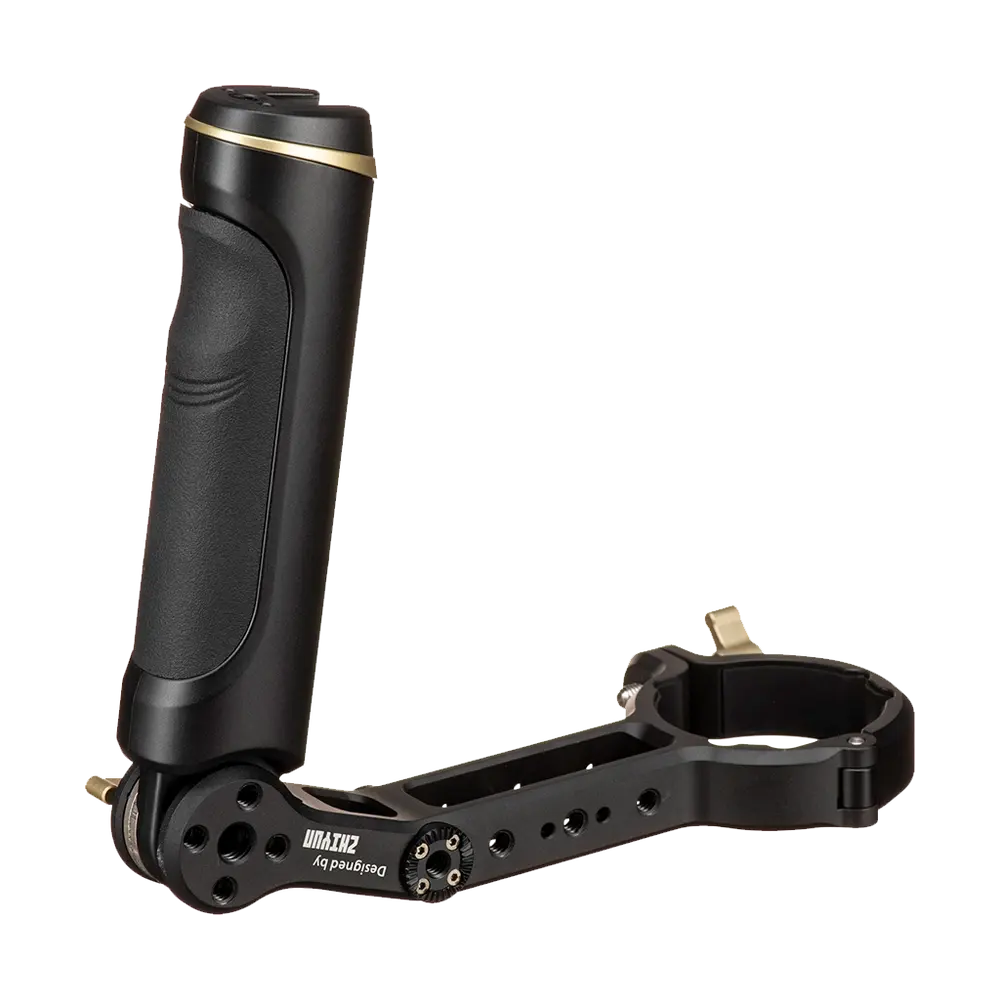 Zhiyun TransMount sling grip handle for CRANE 2S gimbal, black textured cylindrical handgrip with gold ring and metal mounting bracket against white.