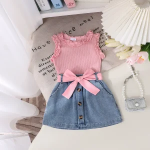 Pink Ruffle Top + Denim Pants